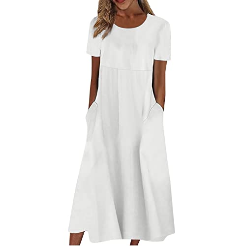 Kleid Damen Elegant Sommer A Linie Sommerkleid Damen Midi mit Ärmel Sommerkleider Leicht Und Luftig Kleider Frauen Kurzen Ärmeln Midikleid Mit Taschen Damenkleider Einfarbig Strandkleid von Ansenesna