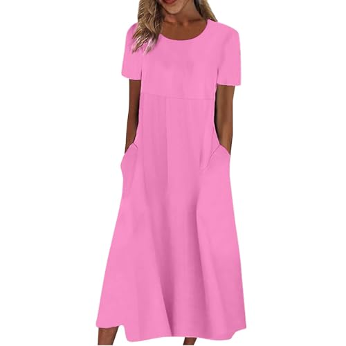 Kleid Damen Elegant Sommer A Linie Sommerkleid Damen Midi mit Ärmel Sommerkleider Leicht Und Luftig Kleider Frauen Kurzen Ärmeln Midikleid Mit Taschen Damenkleider Einfarbig Strandkleid von Ansenesna