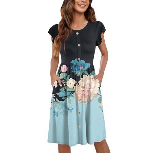 Kleid Damen Elegant Sommer Knielang Sommerkleider Damen Leicht Und Luftig Kleider A Linie Frauen Blumen Sommerkleid mit Taschen Weiß Strandkleid mit Knopfleiste Damenkleider von Ansenesna