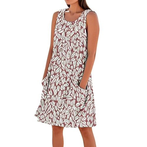 Kleid Damen Sommer Blumen A Linie Sommerkleid Damen Elegant Kurz Strandkleid Leicht Und Luftig Elegante Kleider Ärmellos Mit Taschen Schicke Blumenkleid Frauen Ohne Ärmel Damenkleider von Ansenesna