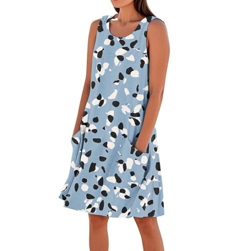 Kleid Damen Sommer Blumen A Linie Sommerkleid Damen Elegant Kurz Strandkleid Leicht Und Luftig Elegante Kleider Frauen Ärmellos Schicke Damenkleider mit Taschen Ohne Ärmel Blumenkleid von Ansenesna