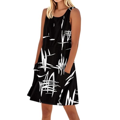 Kleid Damen Sommer Blumen A Linie Strandkleid Leicht Und Luftig Sommerkleid Damen Elegant Kurz Elegante Kleider Ärmellos Mit Taschen Blumenkleid Frauen Ohne Ärmel Schicke Damenkleider von Ansenesna