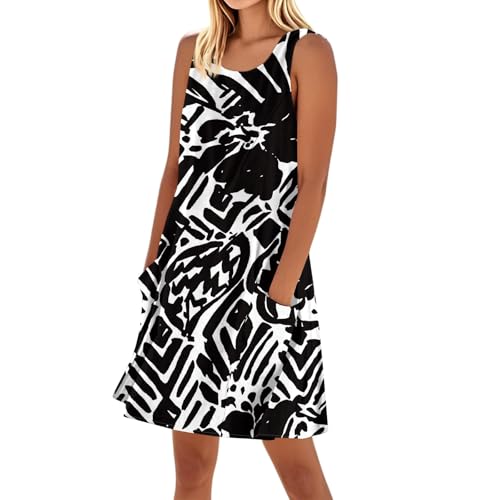 Kleid Damen Sommer Blumen A Linie Strandkleid Leicht Und Luftig Sommerkleid Damen Elegant Kurz Elegante Kleider Ärmellos Mit Taschen Blumenkleid Frauen Ohne Ärmel Schicke Damenkleider von Ansenesna