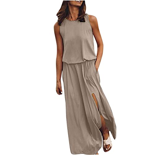 Kleid Mit Schlitz Maxikleider Damen Sommer Ärmellos Sommerkleid Damen Lang Luftige Sommerkleider Elegant A Linie Lange Kleider Frauen Elegante Damenkleider Einfarbig Maxi Strandkleid von Ansenesna