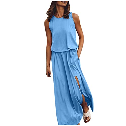 Kleid Mit Schlitz Maxikleider Damen Sommer Ärmellos Sommerkleid Damen Lang Luftige Sommerkleider Elegant A Linie Lange Kleider Frauen Elegante Damenkleider Einfarbig Maxi Strandkleid von Ansenesna