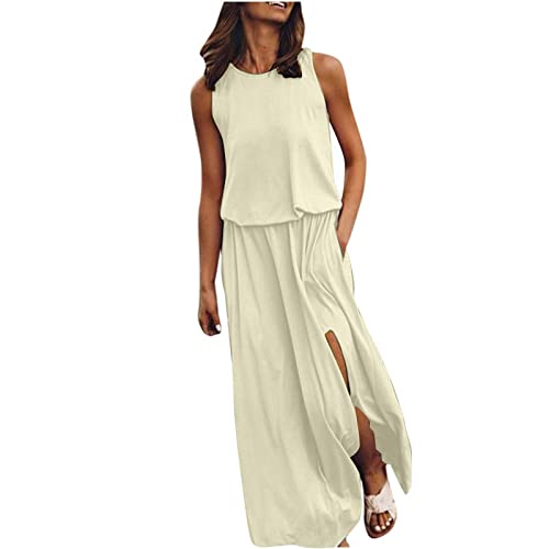 Kleid Mit Schlitz Maxikleider Damen Sommer Ärmellos Sommerkleid Damen Lang Luftige Sommerkleider Elegant A Linie Lange Kleider Frauen Elegante Damenkleider Einfarbig Maxi Strandkleid von Ansenesna