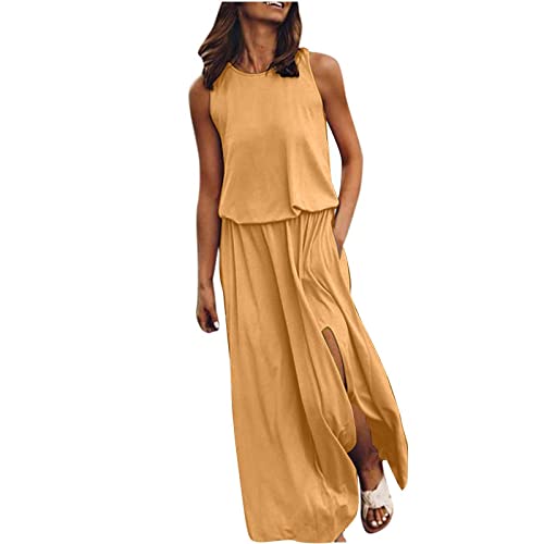 Kleid Mit Schlitz Maxikleider Damen Sommer Ärmellos Sommerkleid Damen Lang Luftige Sommerkleider Elegant A Linie Lange Kleider Frauen Elegante Damenkleider Einfarbig Maxi Strandkleid von Ansenesna