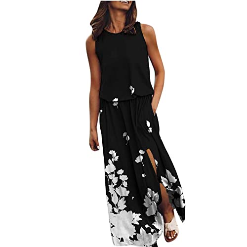 Kleid Mit Schlitz Maxikleider Damen Sommer Blumen Sommerkleid Damen Lang Luftige Sommerkleider Elegant A Linie Lange Kleider Frauen Elegante Damenkleider Ärmellos Maxi Strandkleid von Ansenesna