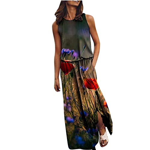 Kleid Mit Schlitz Maxikleider Damen Sommer Blumen Sommerkleid Damen Lang Luftige Sommerkleider Elegant A Linie Lange Kleider Frauen Elegante Damenkleider Ärmellos Maxi Strandkleid von Ansenesna