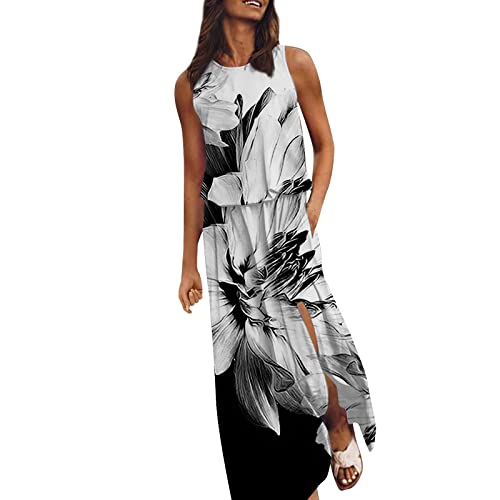 Kleid Mit Schlitz Maxikleider Damen Sommer Blumen Sommerkleid Damen Lang Luftige Sommerkleider Elegant A Linie Lange Kleider Frauen Elegante Damenkleider Ärmellos Maxi Strandkleid von Ansenesna