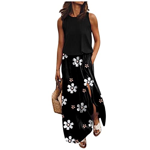 Kleid Mit Schlitz Maxikleider Damen Sommer Blumen Sommerkleid Damen Lang Luftige Sommerkleider Elegant A Linie Lange Kleider Frauen Elegante Damenkleider Ärmellos Maxi Strandkleid von Ansenesna