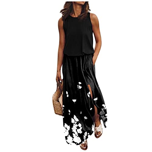 Kleid Mit Schlitz Maxikleider Damen Sommer Blumen Sommerkleid Damen Lang Luftige Sommerkleider Elegant A Linie Lange Kleider Frauen Elegante Damenkleider Ärmellos Maxi Strandkleid von Ansenesna