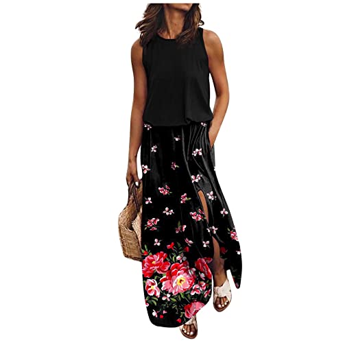 Kleid Mit Schlitz Maxikleider Damen Sommer Blumen Sommerkleid Damen Lang Luftige Sommerkleider Elegant A Linie Lange Kleider Frauen Elegante Damenkleider Ärmellos Maxi Strandkleid von Ansenesna