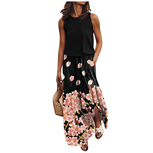 Kleid Mit Schlitz Maxikleider Damen Sommer Blumen Sommerkleid Damen Lang Luftige Sommerkleider Elegant A Linie Lange Kleider Frauen Elegante Damenkleider Ärmellos Maxi Strandkleid von Ansenesna