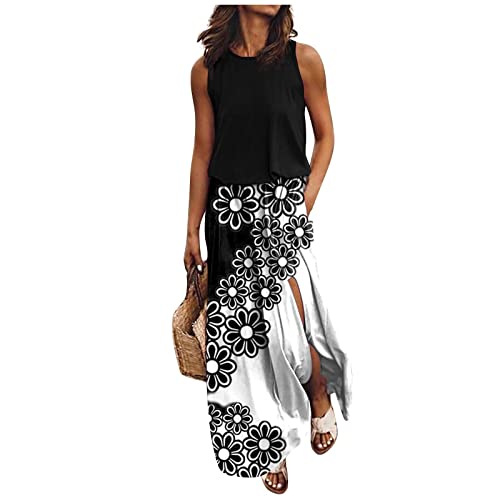 Kleid Mit Schlitz Maxikleider Damen Sommer Blumen Sommerkleid Damen Lang Luftige Sommerkleider Elegant A Linie Lange Kleider Frauen Elegante Damenkleider Ärmellos Maxi Strandkleid von Ansenesna