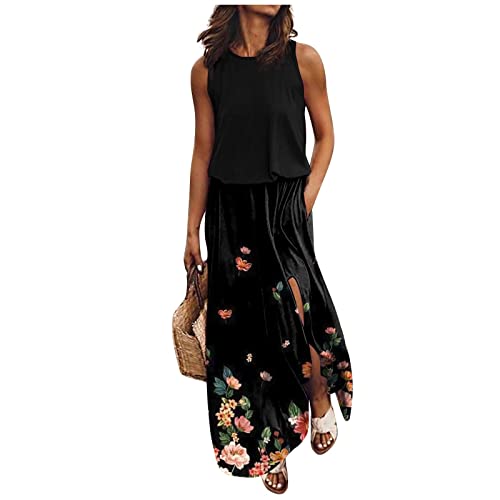 Kleid Mit Schlitz Maxikleider Damen Sommer Blumen Sommerkleid Damen Lang Luftige Sommerkleider Elegant A Linie Lange Kleider Frauen Elegante Damenkleider Ärmellos Maxi Strandkleid von Ansenesna