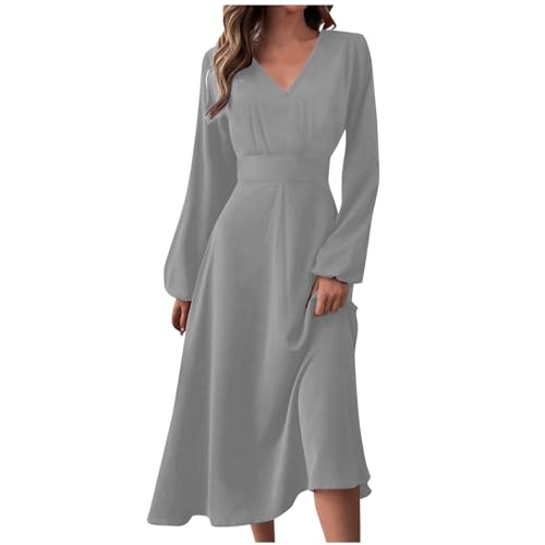 Kleider Damen Langarm V Ausschnitt Kleid Elegant Damenkleider mit ärmeln Frauen A Linie Wadenlang Plissee Kleider Einfarbig von Ansenesna