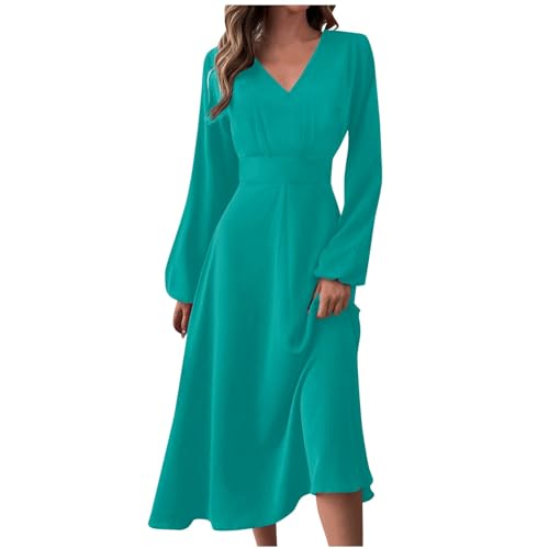 Kleider Damen Langarm V Ausschnitt Kleid Elegant Damenkleider mit ärmeln Frauen A Linie Wadenlang Plissee Kleider Einfarbig von Ansenesna