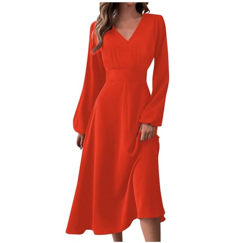 Kleider Damen Langarm V Ausschnitt Kleid Elegant Damenkleider mit ärmeln Frauen A Linie Wadenlang Plissee Kleider Einfarbig von Ansenesna