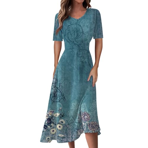 Kleider Damen Sommer Elegant A Linie Blumen Sommerkleid Damen Midi mit Ärmel Tailliert Sommerkleider Leicht Und Luftig Kleid Frauen V Ausschnitt Blumenkleid Schicke Damenkleider von Ansenesna