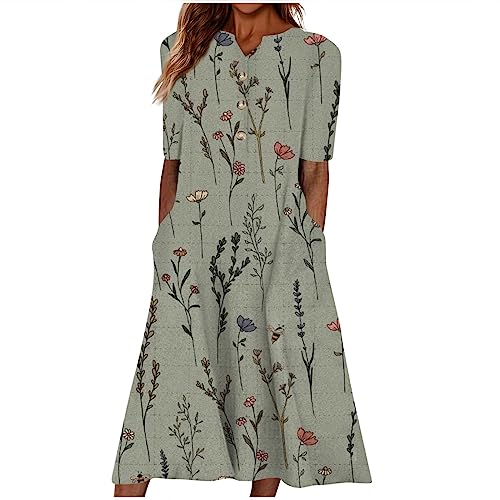 Kleider Damen Sommer Elegant Sommerkleider Damen Leicht Und Luftig Midi Sommerkleid Frauen Mit Knopfleiste A Linie Strandkleid Kurzarm Csual Midi-Kleid Mit Taschen Damenkleider von Ansenesna