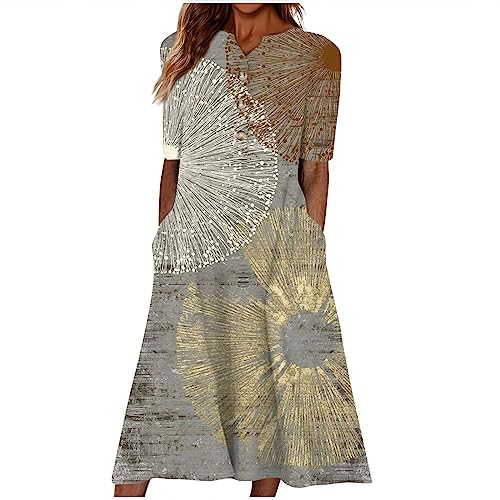 Kleider Damen Sommer Elegant Sommerkleider Damen Leicht Und Luftig Midi Sommerkleid Frauen Mit Knopfleiste A Linie Strandkleid Kurzarm Csual Midi-Kleid Mit Taschen Damenkleider von Ansenesna