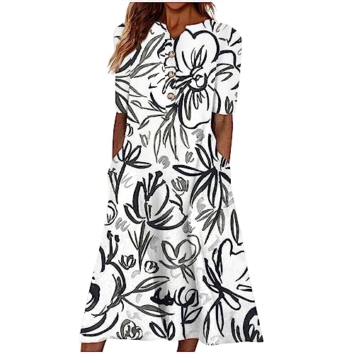 Kleider Damen Sommer Elegant Sommerkleider Damen Leicht Und Luftig Midi Sommerkleid Frauen Mit Knopfleiste A Linie Strandkleid Kurzarm Csual Midi-Kleid Mit Taschen Damenkleider von Ansenesna