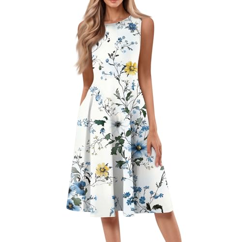 Kleider Damen Sommer Knielang Elegant Sommerkleider Damen Leicht Und Luftig A Linien Kleid Blumen Strandkleid Frauen Ärmellos Sommerkleid mit Taschen Blumenkleid Schick Damenkleider von Ansenesna