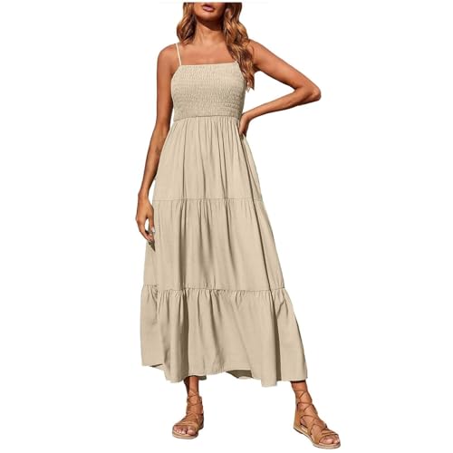 Kleider Damen Sommer Lang Elegant Sommerkleider Damen Leicht Und Luftig Gesmoktes Kleid Spaghettiträger Rüschen Strandkleid Frauen Rückenfrei Träger Maxikleider Schick Trägerkleid von Ansenesna