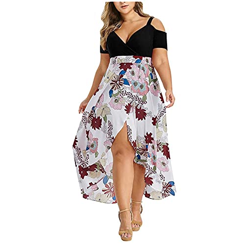 Kleider Für Mollige Frauen,Sommerkleid Damen Große Größen Kleider Blumen V Ausschnitt Luftige Sommerkleider Damen Asymmetrisches Kleid Vorne Kurz Hinten Lang Frauen Damenkleider Mit Schlitz von Ansenesna