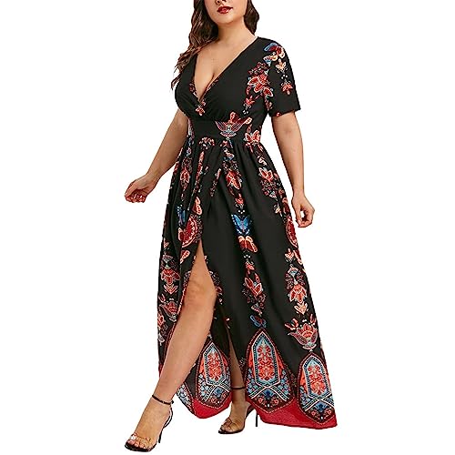 Kleider Für Mollige Frauen Lang Sommerkleid Damen Große Größen V Ausschnitt Kleid mit Schlitz Maxikleider Sommer Leicht Kurzarm Luftige Sommerkleider Schmetterling Muster Elegante Damenkleider von Ansenesna