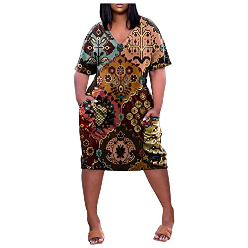 Kleider Für Mollige Frauen V Ausschnitt Boho Kleid Vintage Sommerkleid Damen Große Größen A Linie Knielang Luftige Sommerkleider Mit Ärmeln Frauen Sommer Elegante Damenkleider mit Taschen von Ansenesna