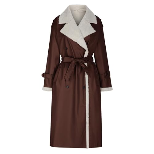 Lederjacke Damen Lang Gefüttert Winterjacke Damen Leder Warm Innenfutter Wintermantel Elegant Lederoptik Trenchcoat Mit Gürtel Zweireihig Mantel Frauen Winter Kunstleder Ledermantel von Ansenesna