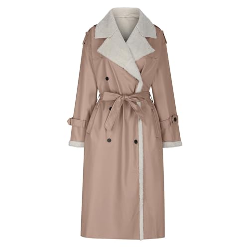 Lederjacke Damen Lang Gefüttert Winterjacke Damen Leder Warm Innenfutter Wintermantel Elegant Lederoptik Trenchcoat Mit Gürtel Zweireihig Mantel Frauen Winter Kunstleder Ledermantel von Ansenesna