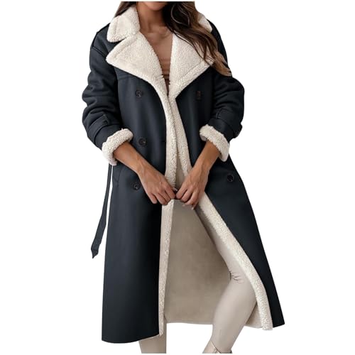 Lederjacke Damen Lang Gefüttert Winterjacke Damen Warm Ohne Kapuze Wintermantel Frauen Elegant Leder Mantel Winter Innenfell Trenchcoat Mit Gürtel Jacke Lederimitat Damen-Jacken von Ansenesna