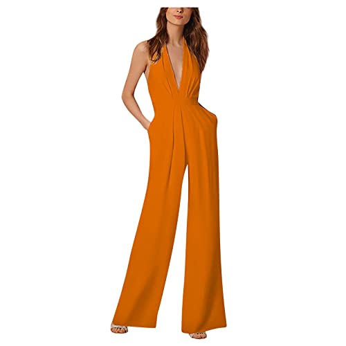 Overall Damen Festlich V Ausschnitt Jumpsuit Damen Elegant Für Hochzeit Jumpsuits Rückenfrei Overall Einteiler Damen Lang Weites Bein Hosenanzug Frauen Kuschelig Neckholder Ärmellos Onesie von Ansenesna