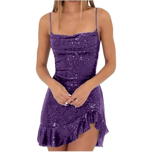 Pailettenkleider Für Damen Kurz Abendkleid Damen Pailletten Glitzer Spaghettiträger Festliche Kleider Frauen Rückenfrei Glitzerkleid Curvy Träger Kleid Rüschen Ballkleid Partykleid von Ansenesna