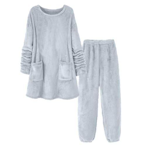 Flauschiger Damen Pyjama Winter Schlafanzug - Teddy Fleece Warm Hausanzug Kuschelig Elegant 2-Teilig Warmer Loungewear Set Plüsch Kuschel Zweiteiler von Ansenesna