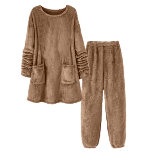 Pyjama Damen Winter Flauschig Schlafanzug Damen Teddy Fleece Warm Hausanzug Damen Kuschelig Elegant 2-Teilig Warmer Loungewear Frauen Set Plüsch Kuschel Zweiteiler Schlafanzüge von Ansenesna