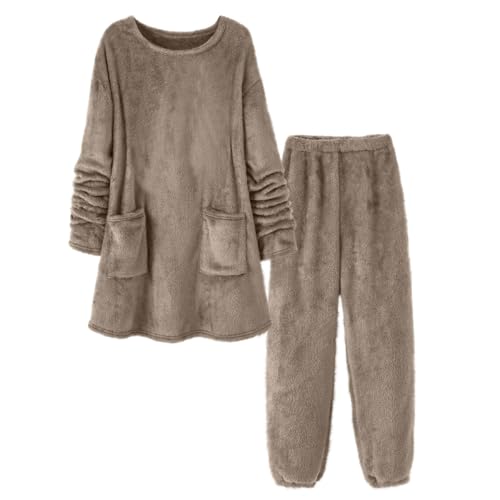 Flauschiger Damen Pyjama Winter Schlafanzug - Teddy Fleece Warm Hausanzug Kuschelig Elegant 2-Teilig Warmer Loungewear Frauen Set Plüsch Kuschel Zweiteiler von Ansenesna