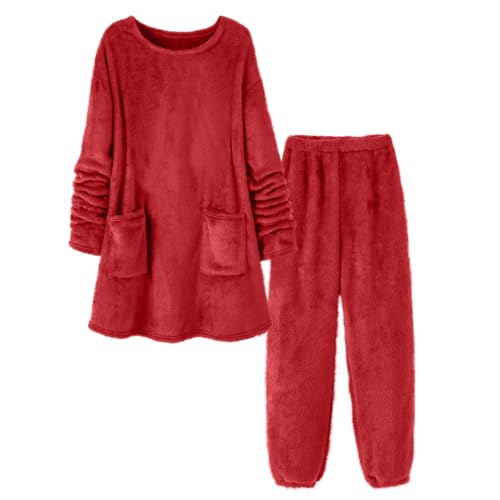 Pyjama Damen Winter Flauschig Schlafanzug Damen Teddy Fleece Warm Hausanzug Damen Kuschelig Elegant 2-Teilig Warmer Loungewear Frauen Set Plüsch Kuschel Zweiteiler Schlafanzüge von Ansenesna