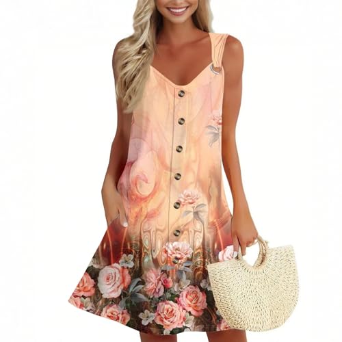 Shirtkleid Damen Sommer Blumen Sommerkleider Damen Leicht Und Luftig A Linien Kleider Kurz Ohne ärmel Tank Kleid Frauen Ärmellos Sommerkleid mit Taschen Casual Vintage Damenkleider von Ansenesna