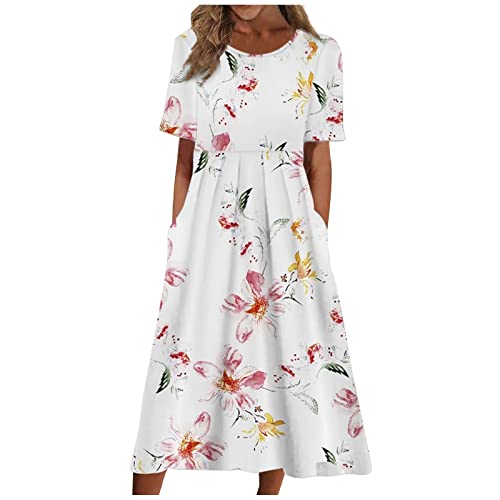 Sommerkleid Damen Blumen Kleider Damen Sommer A Linie Knielang Luftige Sommerkleider Elegant Strandkleid Frauen Blumenmuster Leichte Boho Kleid Kurzarm Elegante Damenkleider von Ansenesna