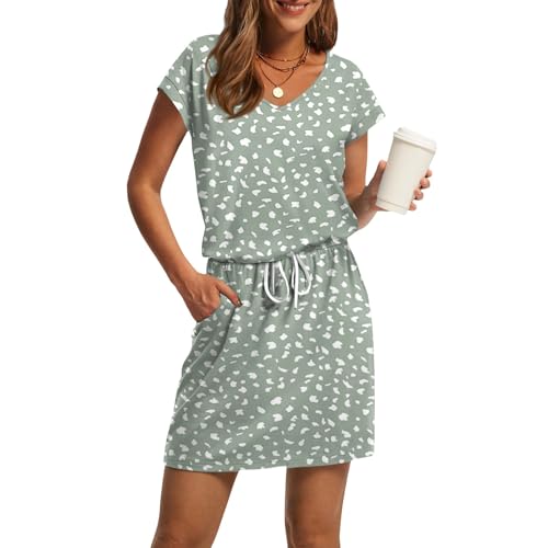 Sommerkleid Damen Elegant A Linie Vintage Kleider Damen Sommer Kurz mit Ärmel Sommerkleider Leicht mit Taschen Damenkleider V Ausschnitt Tailliertes Kleid Frauen mit Gürtel Minikleid von Ansenesna