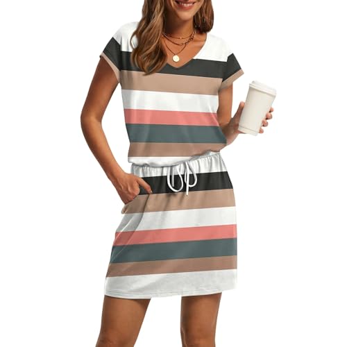 Sommerkleid Damen Elegant A Linie Vintage Kleider Damen Sommer Kurz mit Ärmel Sommerkleider Leicht mit Taschen Damenkleider V Ausschnitt Tailliertes Kleid Frauen mit Gürtel Minikleid von Ansenesna