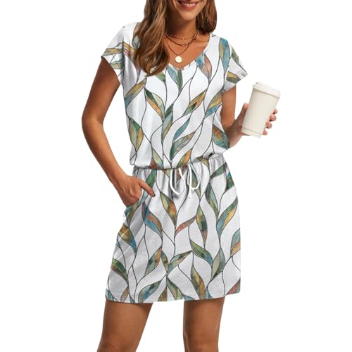 Sommerkleid Damen Elegant A Linie Vintage Kleider Damen Sommer Kurz mit Ärmel Sommerkleider Leicht mit Taschen Damenkleider V Ausschnitt Tailliertes Kleid Frauen mit Gürtel Minikleid von Ansenesna