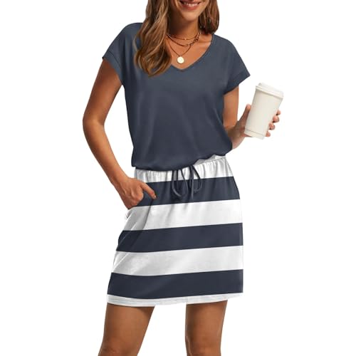 Sommerkleid Damen Elegant A Linie Vintage Kleider Damen Sommer Kurz mit Ärmel Sommerkleider Leicht mit Taschen Damenkleider V Ausschnitt Tailliertes Kleid Frauen mit Gürtel Minikleid von Ansenesna