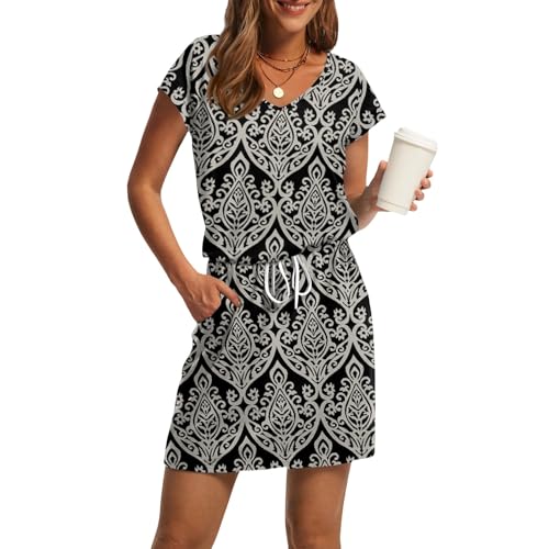 Sommerkleid Damen Elegant A Linie Vintage Kleider Damen Sommer Kurz mit Ärmel Sommerkleider Leicht mit Taschen Damenkleider V Ausschnitt Tailliertes Kleid Frauen mit Gürtel Minikleid von Ansenesna