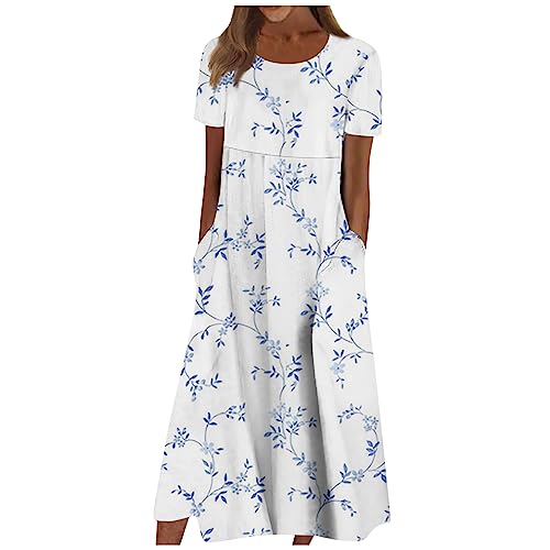 Sommerkleid Damen Elegant Blumen Kleider Damen Sommer A Linie Midi Strandkleid Leicht Und Luftig Damenkleider mit Ärmeln Kleid Frauen mit Taschen Blumenkleid Kurzarm Schicke Midikleid von Ansenesna
