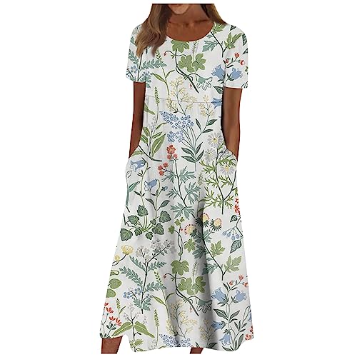 Sommerkleid Damen Elegant Blumen Kleider Damen Sommer A Linie Midi Strandkleid Leicht Und Luftig Damenkleider mit Ärmeln Kleid Frauen mit Taschen Blumenkleid Kurzarm Schicke Midikleid von Ansenesna